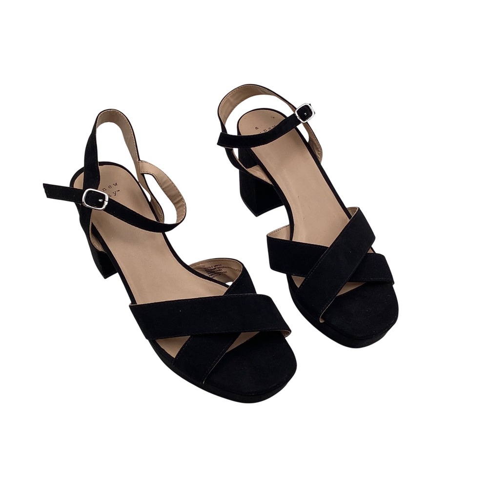 A‎ New Day Black Faux Suede Platform Block Heel Sandals Cross Strap Size 11